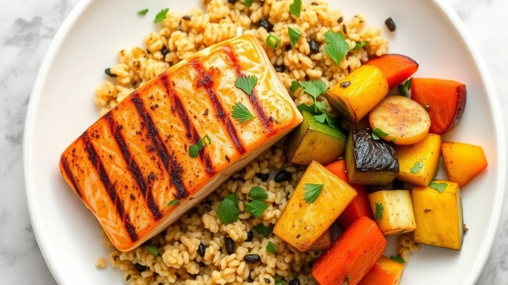 Overhead view of colorful plate with grilled salmon, quinoa, roasted vegetables, and fresh herbs on white ceramic dish, natural daylight