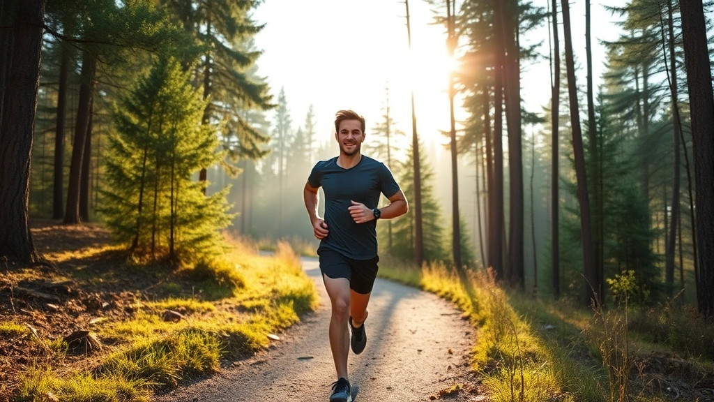 Young man running on scenic outdoor trail through forest, athletic wear, morning sunlight filtering through trees, confident stride