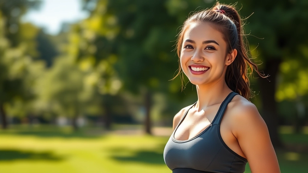 Fit woman in athletic wear smiling confidently outdoors in natural sunlight, healthy glow, modern fitness attire, green park background, photorealistic wellness photography