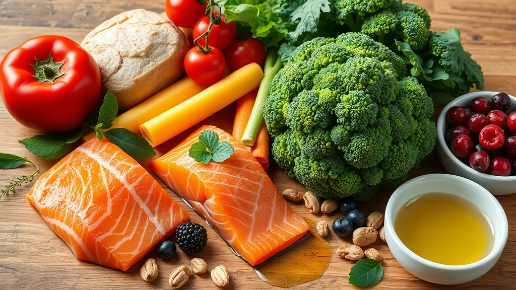 Colorful fresh vegetables and lean proteins arranged on wooden table—broccoli, salmon, chicken breast, berries, nuts, olive oil—natural lighting, appetizing healthy meal prep composition