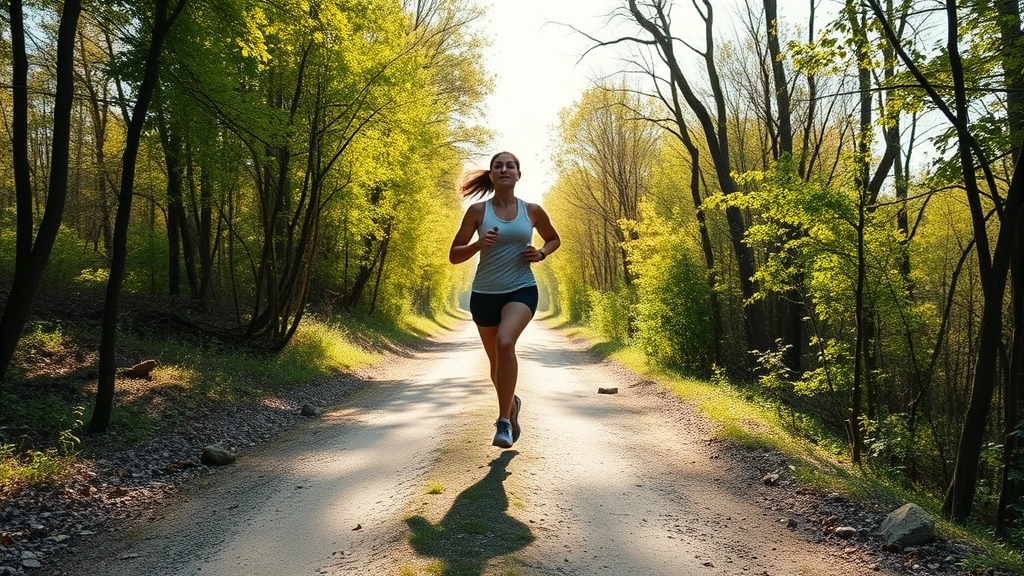 Woman jogging on sunny trail surrounded by trees and nature, athletic build, determined expression, outdoor morning exercise, natural lighting, wellness lifestyle photography