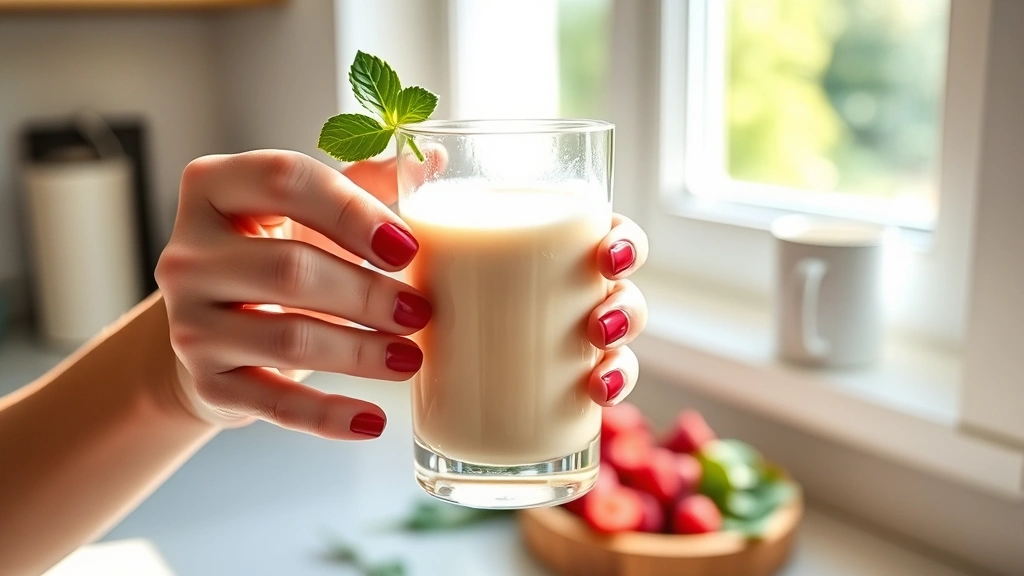 Woman holding glass of vanilla protein shake with fresh berries and spinach visible, morning sunlight from kitchen window, realistic healthy lifestyle photography