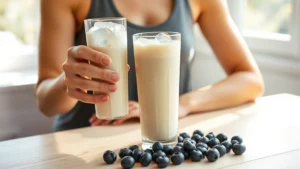 A fit woman holding a tall glass of creamy vanilla protein shake with ice cubes, fresh blueberries scattered nearby on a light wooden table, natural sunlight streaming through window, wellness setting