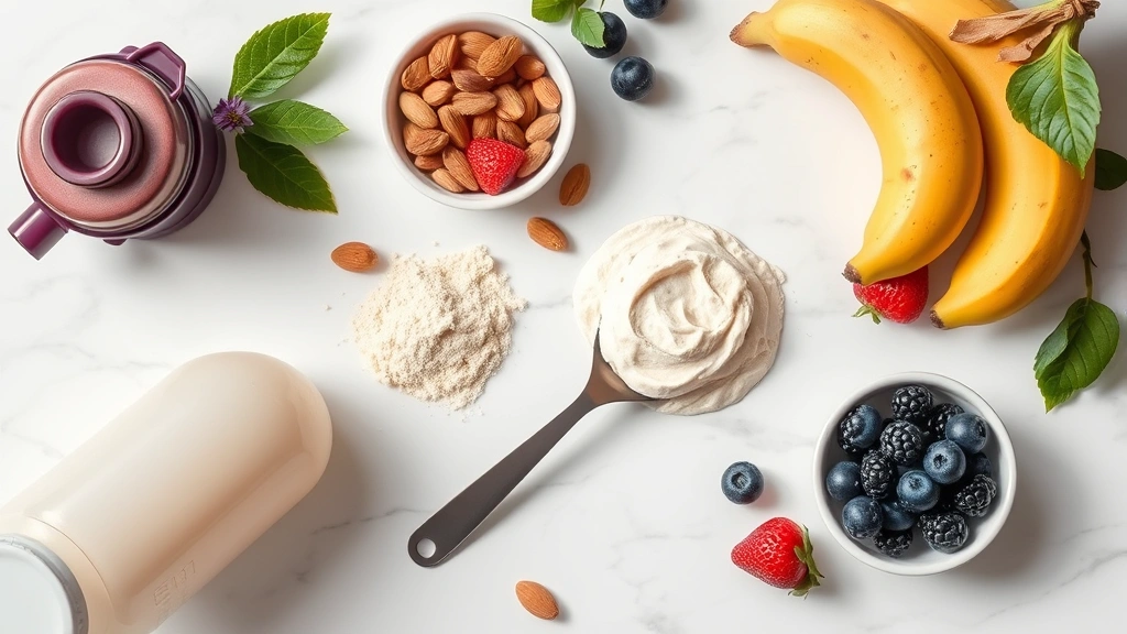 Overhead flat lay of protein powder scoop, shaker bottle, fresh ingredients including banana, almonds, and berries on white marble surface, clean minimalist composition, bright natural lighting