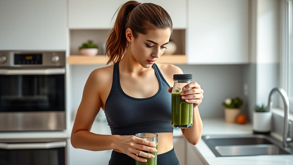 Athletic woman in workout gear blending a smoothie in her bright kitchen, focused expression, fresh spinach and protein powder visible, modern appliances, healthy lifestyle moment captured