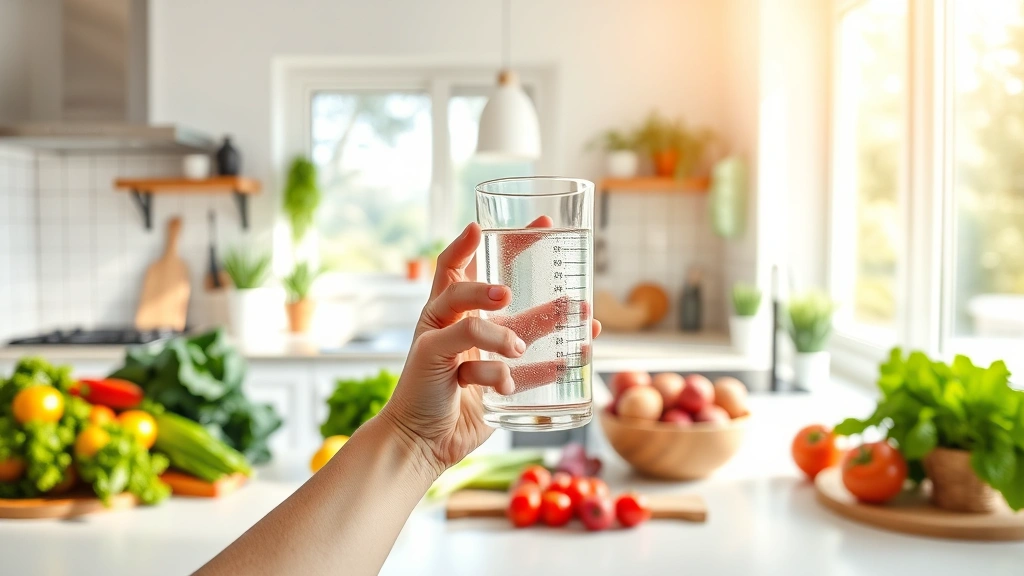 Person holding a glass of water in a bright, modern kitchen with fresh vegetables and whole foods on the counter, natural sunlight streaming through windows, peaceful and healthy atmosphere, photorealistic
