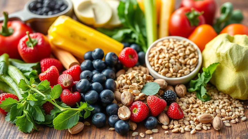 Close-up of colorful fresh vegetables, berries, nuts, and whole grains arranged on a wooden surface, vibrant natural lighting, emphasizing nutritious whole foods, no text or measurements visible
