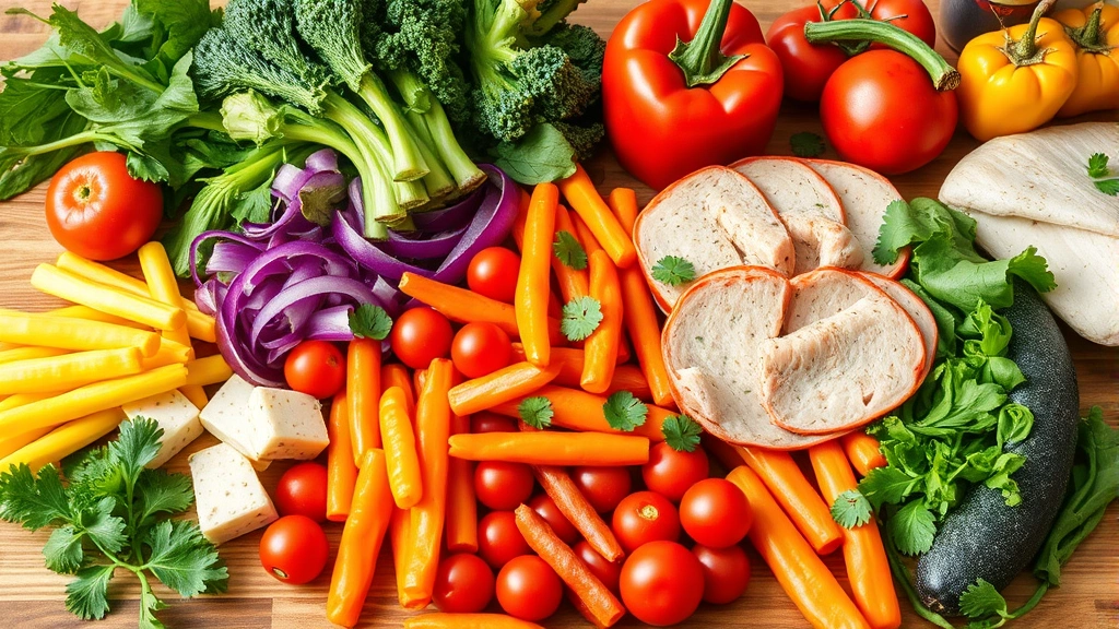 Colorful fresh vegetables and lean proteins arranged on wooden table, Mediterranean-style meal preparation, natural daylight photography, vibrant health-focused composition