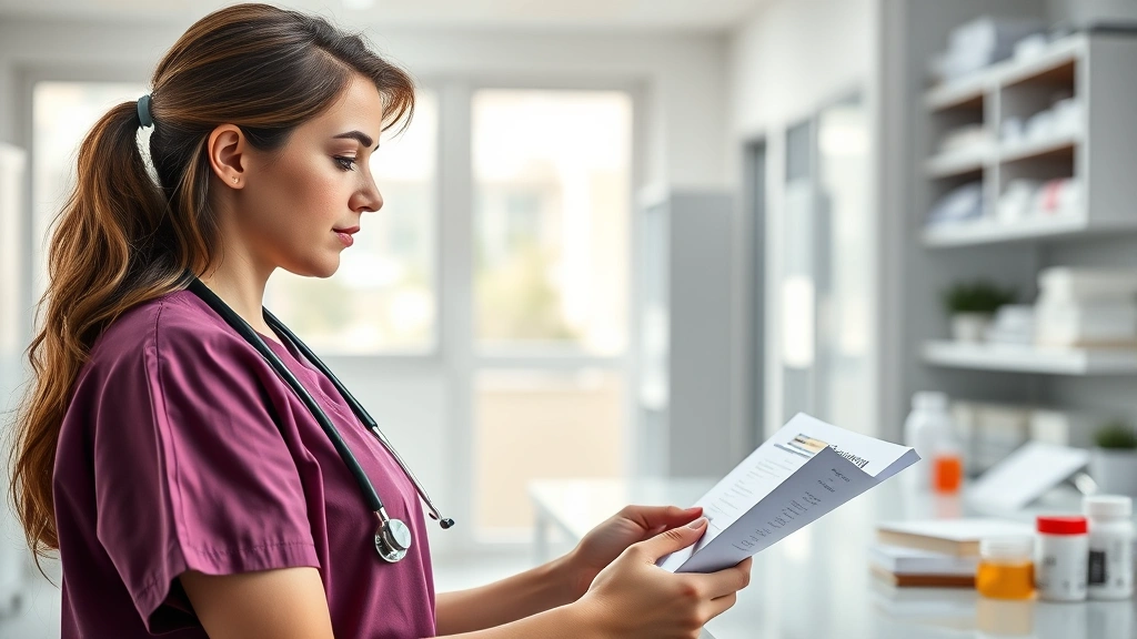 A woman in medical scrubs reviewing patient notes and medications in a bright clinical office, photorealistic, professional healthcare setting with soft natural lighting