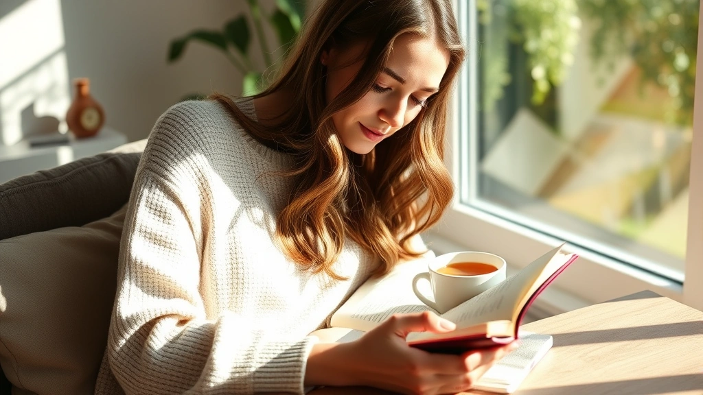Woman in morning sunlight writing in a journal with a warm cup of tea, peaceful determined expression, natural home setting, soft natural lighting