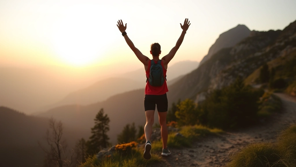 Athletic person at sunrise on a mountain trail, arms raised in triumph, surrounded by nature, feeling accomplished and energized after workout