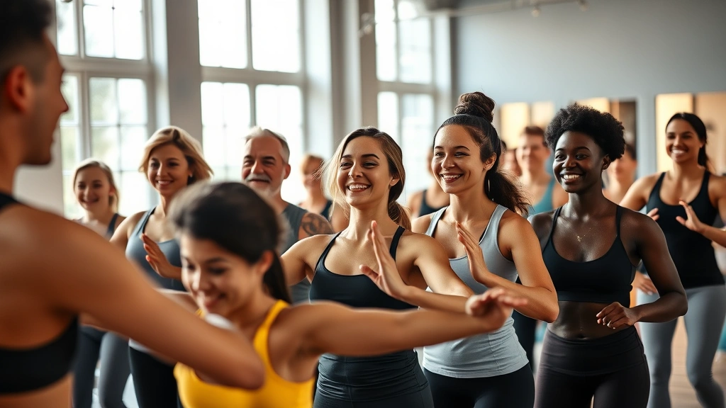 Group of diverse people in a fitness studio smiling and supporting each other during exercise class, positive community atmosphere, natural light streaming through windows