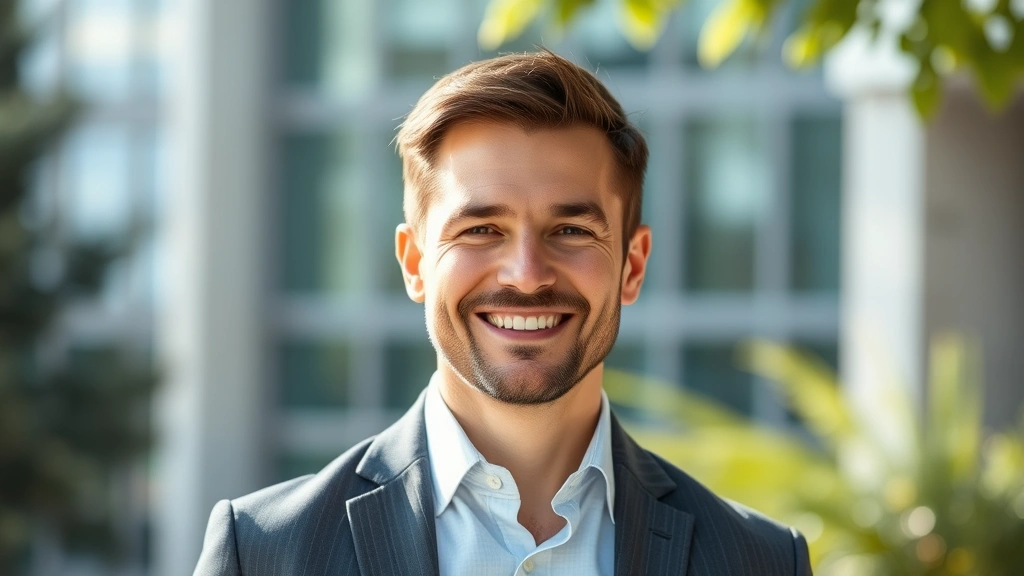 Fit middle-aged man in professional attire smiling confidently outdoors, natural lighting, healthy glowing skin, representing successful health transformation and vitality