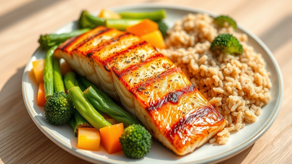 Colorful healthy meal plate with grilled salmon, steamed vegetables, and brown rice, natural daylight, fresh and appetizing, representing balanced nutrition