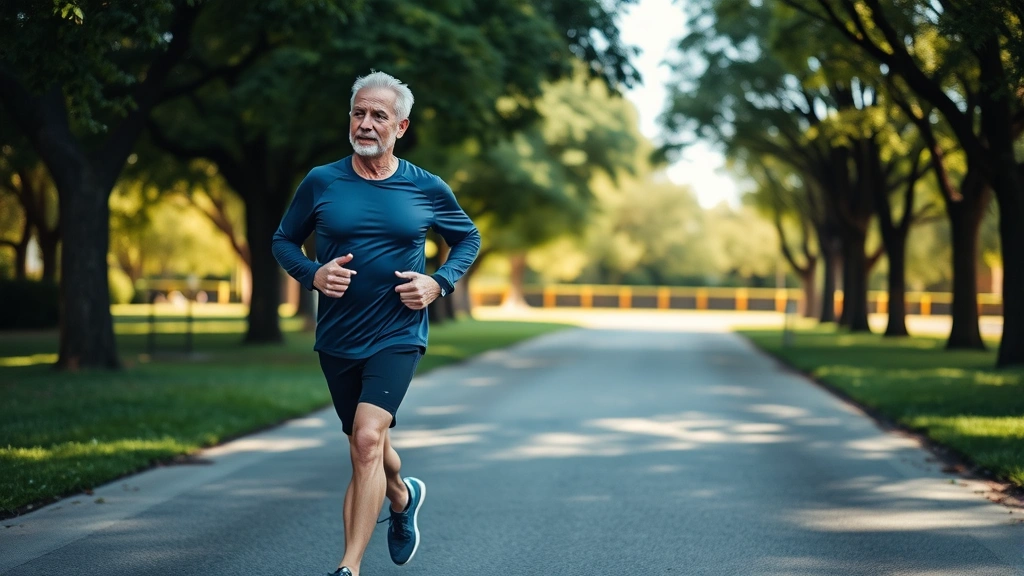 Active mature man jogging through a park with trees, morning sunlight, athletic wear, energetic posture, representing sustained fitness and wellness commitment