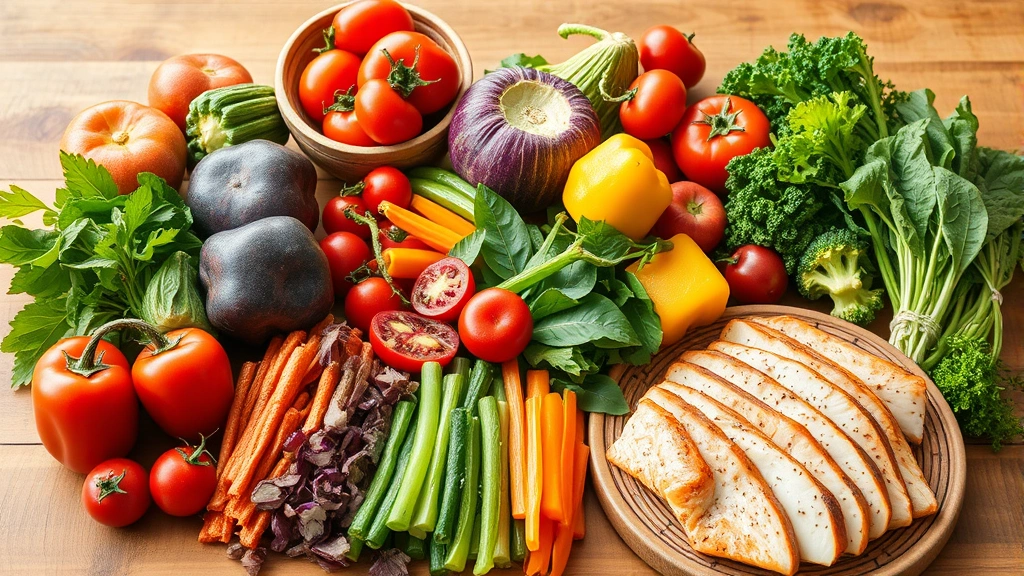 Colorful fresh vegetables and lean protein foods arranged on wooden table, natural lighting, Mediterranean-style healthy meal preparation, vibrant produce