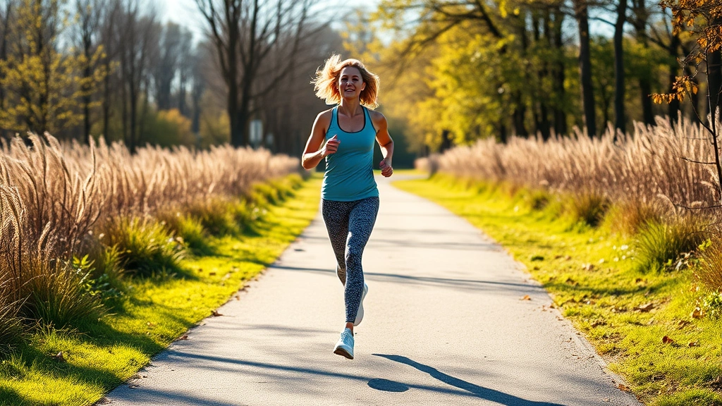 Woman jogging outdoors on sunny path surrounded by nature, athletic wear, confident posture, morning or afternoon light, healthy lifestyle in motion
