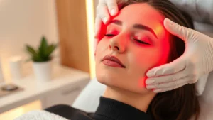 Woman receiving red light therapy treatment on face and neck area in a modern wellness clinic, professional setting with soft lighting, calm expression showing relaxation