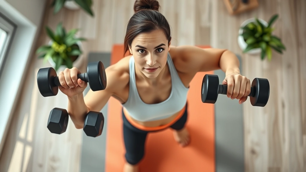 Overhead view of a fit person exercising with dumbbells on a yoga mat in a bright home gym, focused expression demonstrating strength training as proven weight loss method