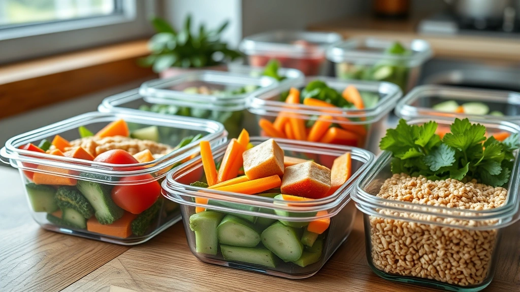 Close-up of healthy meal prep containers with colorful vegetables, lean protein, and whole grains arranged on a wooden surface, natural daylight from window
