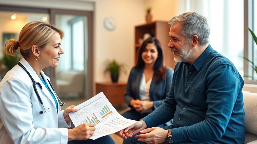A professional medical consultation room with a healthcare provider reviewing health charts and weight loss data with a patient, warm lighting, modern clinic setting, comfortable and supportive atmosphere