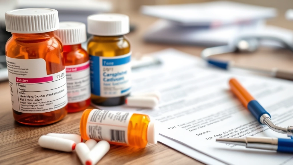 Close-up of prescription medication bottles and healthcare documents on a desk, representing medication management and treatment planning, clinical setting, professional arrangement