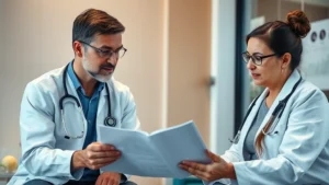 Professional healthcare provider consultation room with patient and doctor reviewing health records together, warm lighting, supportive atmosphere, no visible text or charts