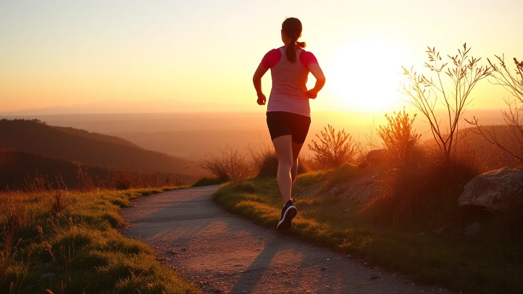 Person jogging outdoors on scenic path during sunrise, showing health and wellness, athletic wear, natural background, energetic movement