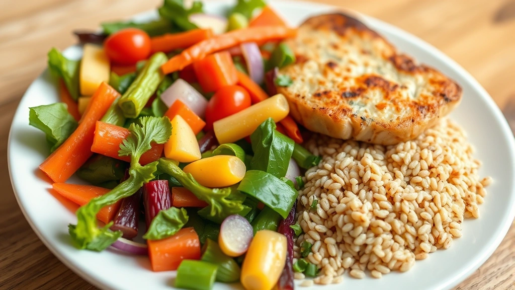 Balanced meal with colorful vegetables, lean protein, and whole grains on white plate, fresh ingredients visible, natural lighting, appetizing presentation