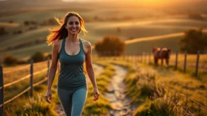 Woman in ranch setting walking on scenic trail at golden hour, wearing casual athletic wear, surrounded by natural landscape, peaceful expression, warm lighting, outdoor wellness