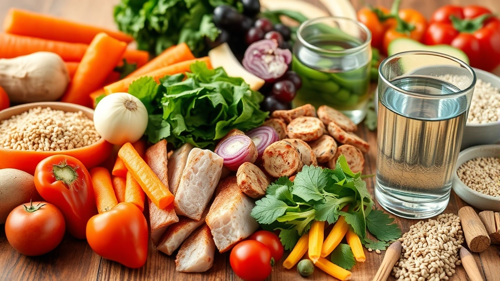 Close-up of colorful whole foods on wooden table including fresh vegetables, lean proteins, whole grains, and water glass, natural lighting, appetizing presentation, health-focused composition