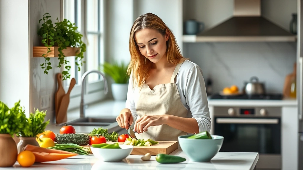 Woman preparing healthy meal in modern kitchen with fresh ingredients, chopping vegetables, natural window light, focused expression, cooking healthy food, bright clean kitchen