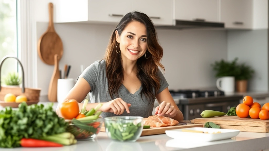 Woman meal prepping healthy vegetables and lean protein in bright kitchen, fresh ingredients on counter, focused and motivated expression