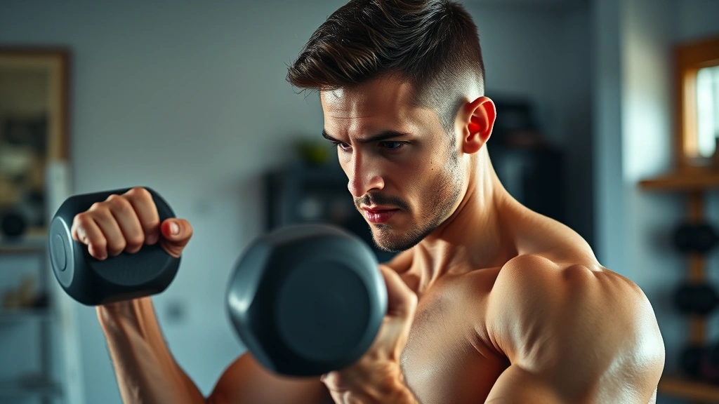 Person doing strength training with dumbbells in home gym, determined face, natural lighting, sweat visible showing effort and dedication