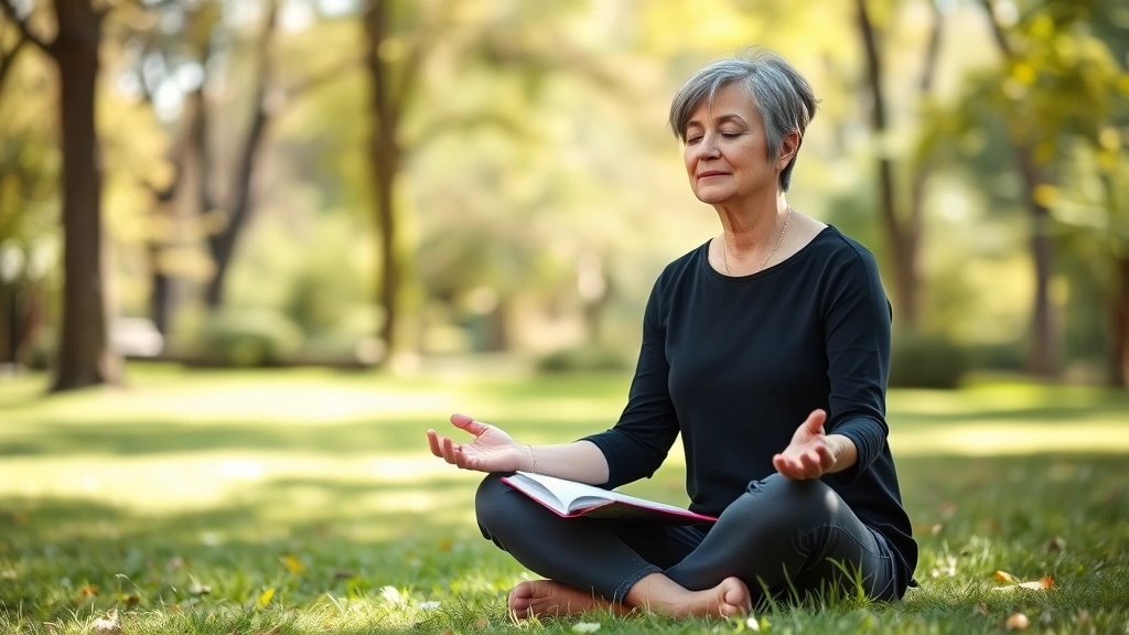 Woman sitting outdoors in peaceful park setting, meditating or journaling, calm expression, surrounded by nature, representing mental wellness and stress management