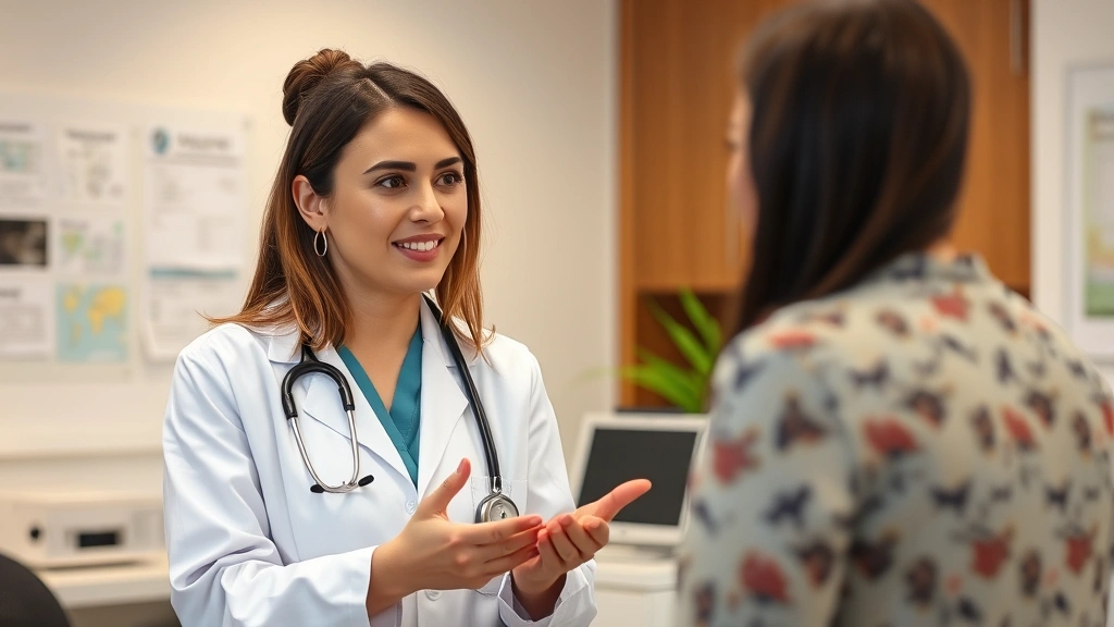 Professional female healthcare provider in clinical setting explaining intermittent fasting metabolic mechanisms to attentive patient, white coat, medical office background, warm lighting, educational atmosphere