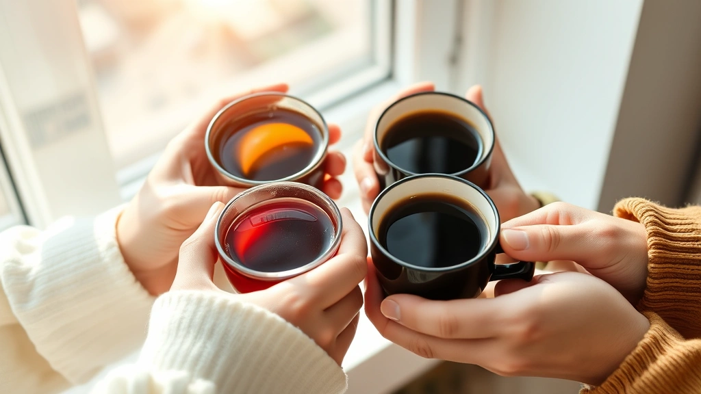 Close-up of diverse hands holding cups of black coffee and tea during morning fasting period, bright natural window light, calm peaceful morning ambiance, no food visible