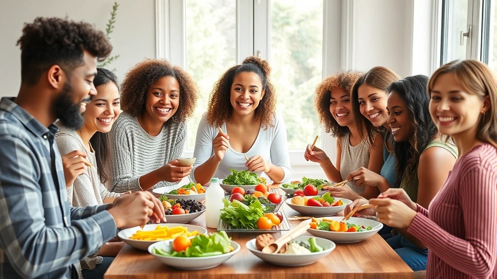 Group of healthy diverse individuals enjoying colorful balanced meals together indoors during eating window, fresh vegetables fruits proteins visible, positive social atmosphere, natural lighting, no meal plans or text visible