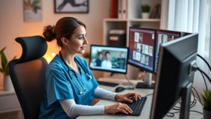 Registered nurse working from home office at desk with multiple computer monitors, conducting virtual patient consultation, professional healthcare setting, warm lighting, focused expression, modern home office environment with medical reference materials visible