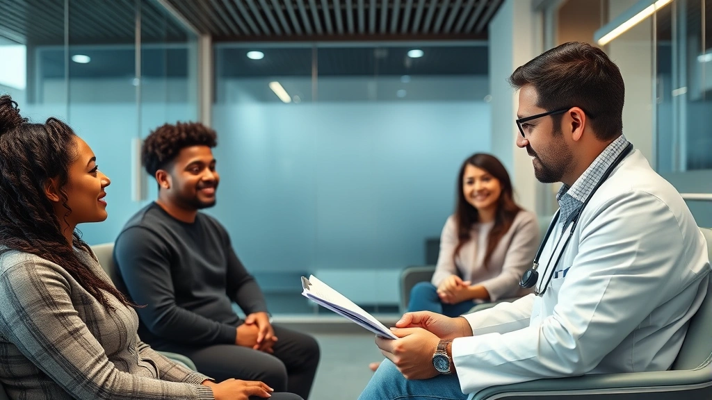 Diverse patients in modern clinic environment during follow-up appointments, healthcare provider reviewing progress notes and metabolic health improvements during retatrutide monitoring visits