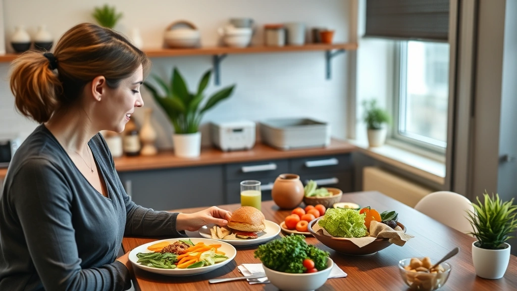 Nutritionist consulting with patient about meal planning and lifestyle modifications, showing healthy whole foods and balanced plates to support pharmaceutical weight loss treatment