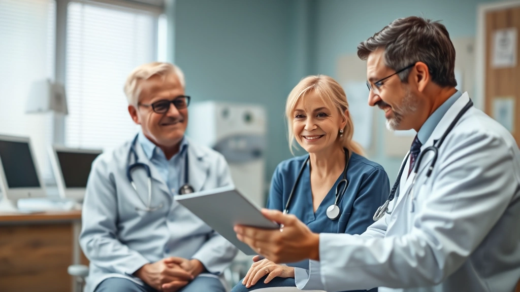 Photorealistic image of a healthcare provider consultation room scene showing a patient and doctor reviewing health progress together, both appearing positive and engaged, with medical equipment visible in soft focus background