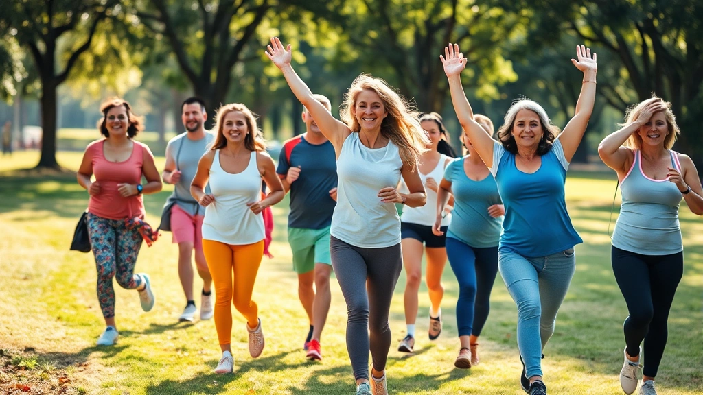 Photorealistic image of a diverse group of people enjoying healthy activities outdoors - some walking, others stretching - in a park setting with natural lighting, all appearing energetic and happy, representing long-term lifestyle sustainability