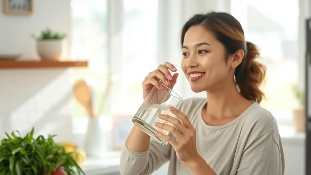 Woman drinking clear rice water from a glass in a bright kitchen, smiling, natural morning light, healthy wellness setting, photorealistic
