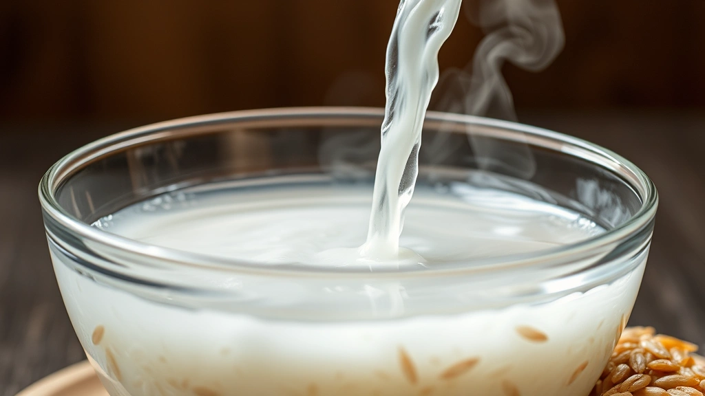 Close-up of rice water being poured into a clear glass bowl, steam rising gently, whole grains of brown rice visible nearby, warm lighting, wellness aesthetic