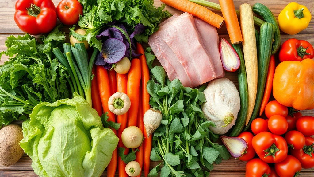 Colorful fresh vegetables and lean proteins arranged on a wooden table, healthy meal preparation, natural lighting, vibrant produce including leafy greens and whole foods