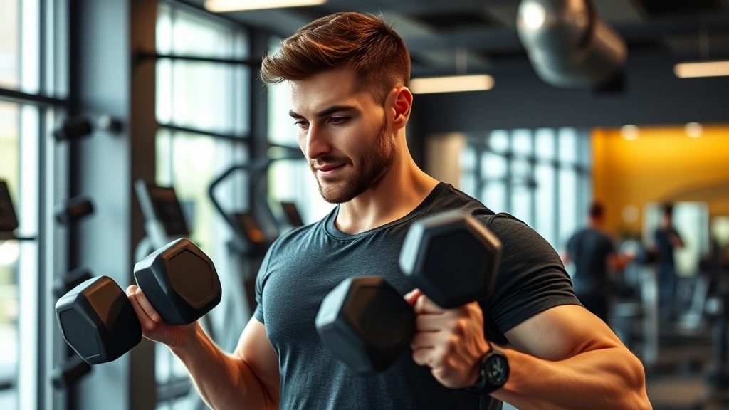 Man doing strength training with dumbbells in a modern gym, focused expression, proper form, professional fitness environment, health-conscious workout scene