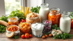 Photorealistic image of colorful fermented foods including kimchi, sauerkraut, yogurt, and kefir arranged on a wooden table with fresh vegetables and herbs, bright natural lighting, wellness aesthetic, no text or labels visible