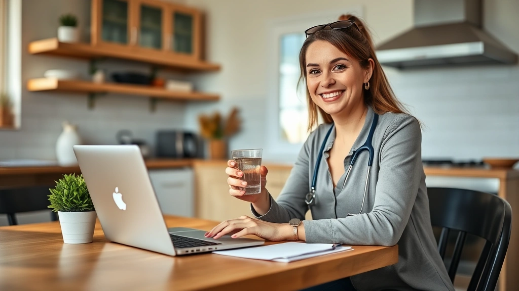 Woman sitting at kitchen table with laptop, smiling while holding glass of water, bright natural light, healthy home environment, professional telemedicine consultation setup