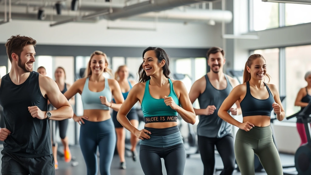 Diverse group of people exercising together in modern gym, laughing and motivating each other, strength training and cardio equipment visible, energetic supportive atmosphere